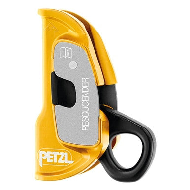 The yellow and silver Petzl Rescucender B50A, known for its dependability in rescue operations, includes a durable black attachment loop.