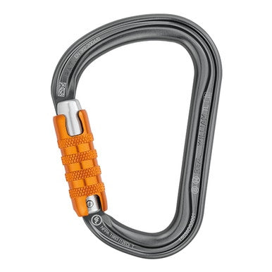 The Petzl William Triact-Lock Carabiner M36A TL is a gray metal carabiner with an orange, textured triple-action gate, perfect for climbing, securing gear, or using the Munter hitch knot.