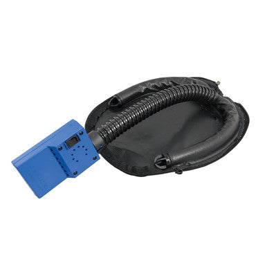 A blue and black inflatable bag, similar to the Oberon Fresh Air Arc Flash Hood Ventilation System HVS-4B-PM from PK Safety Supply, with a coiled hose attached. This portable ventilation system includes a deflated blue component that serves as the control unit or pump, evoking the appearance of professional equipment like an Oberon arc flash suit.