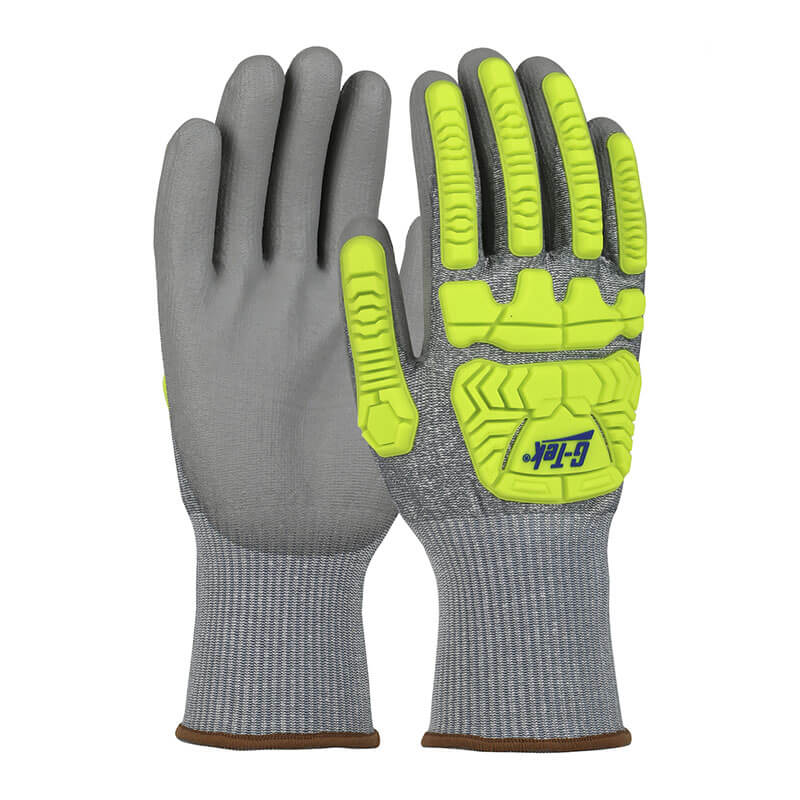 The PIP G-Tek Knit HPPE Gloves from Protective Industrial Products incorporate a grey design with vibrant yellow Hi-Vis Impact Protection padding on the back. Ideal for high-impact tasks, they include a ribbed wrist cuff for a secure fit and a polyurethane-coated palm and fingers for improved grip.