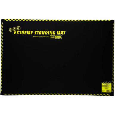 A 3 x 2 Ft. "Working Concepts ErgoKneel Extreme Standing Mat" featuring a black closed-cell foam pad with yellow text and caution stripes for comfort, designed as an anti-fatigue mat for prolonged standing.