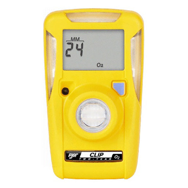The BW Honeywell BW Clip 2 Year O2 Single Gas Detector (BWC2-X) in yellow features a digital display showing "24 MM" and "O2." It is equipped with a central sensor and includes a bottom label reading "CLIP TWO-YEAR O2," ensuring reliable oxygen monitoring.
