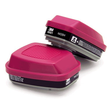A pair of 3M 60921 P100 Organic Vapor Filters by 3M, designed for organic vapor protection with P100 efficiency, feature rectangular shapes and gray bases, shown against a white background.