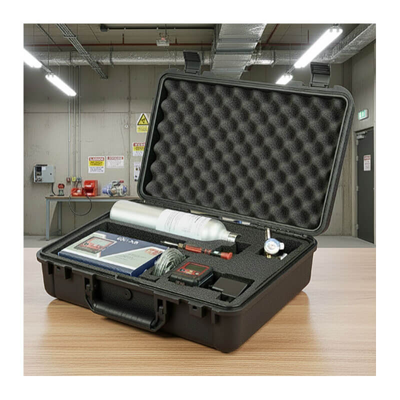 A black hard case by RKI Instruments sits open on a table, holding an RKI GX-3R 4 Gas Confined Space Kit with foam inserts, a metal cylinder, pressure gauge, cables, electronics, and the GX-3R gas monitor.