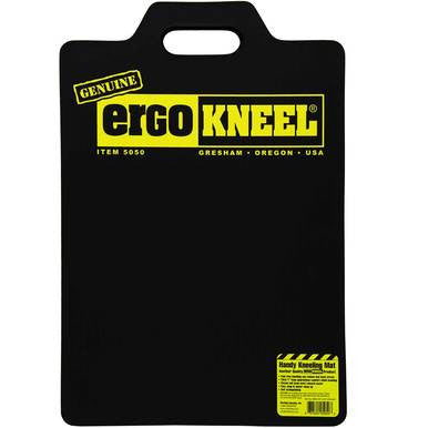 The Working Concepts Large ErgoKneel Kneeling Mat 5050 (14 x 21 in.) is a black rectangular closed-cell foam mat with a top handle cut-out, yellow and black "Genuine Ergo Kneel" label, and a yellow info sticker at the bottom right.