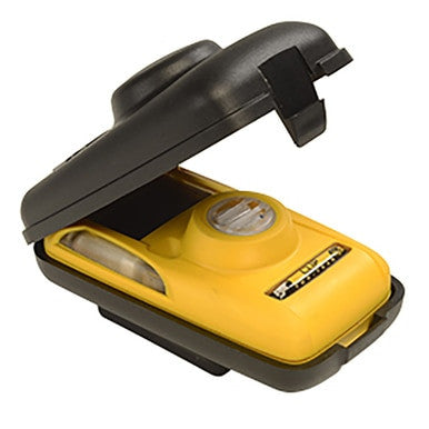 A protective Hibernation Case in yellow and black, branded by PK Safety Supply, displays a partially open lid revealing a BW Clip gas monitor inside. The BW Clip Hibernation Case CLIPHB-CASE is equipped with a secure locking mechanism designed for optimal protection and portability.