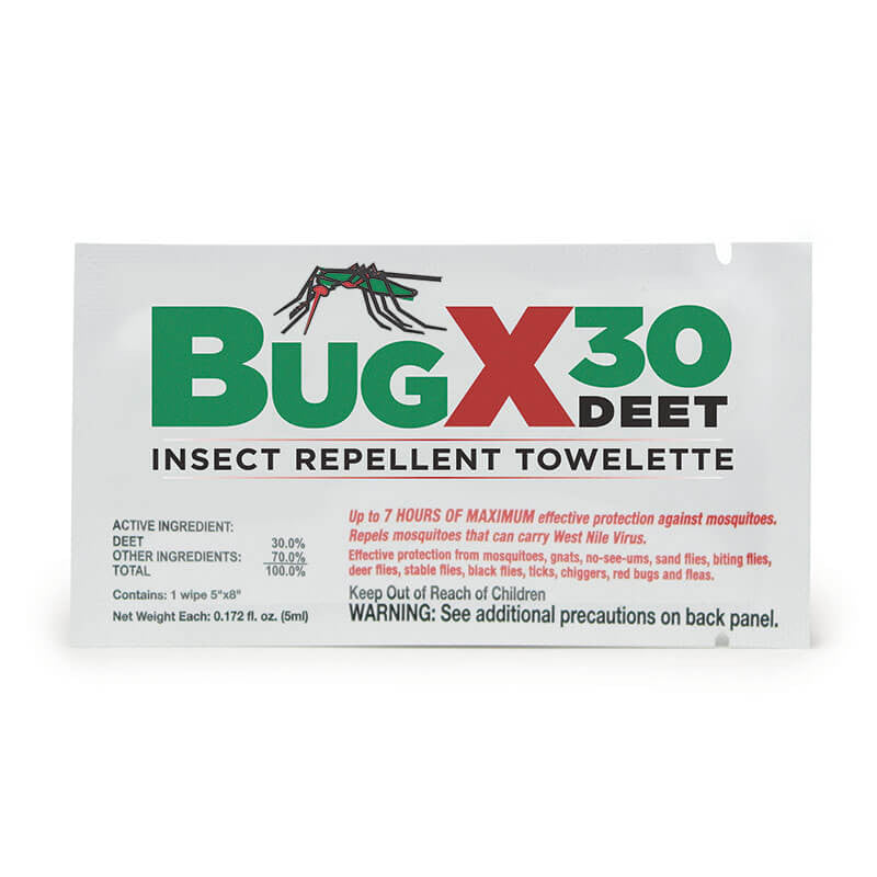 The Coretex BugX30 Insect Repellent Towelettes (100/Box, 12642) offer single-use water-based mosquito protection with bold green and red text, a mosquito graphic, and safety info on the front.