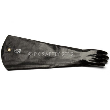 A long, black glove made of neoprene with a smooth finish, extending beyond the wrist for added protection. It's displayed horizontally on a white background with the text "PK SAFETY 2012" printed on it. This is the MCR Safety Memphis Black Jack Shoulder Length Glove 6950.