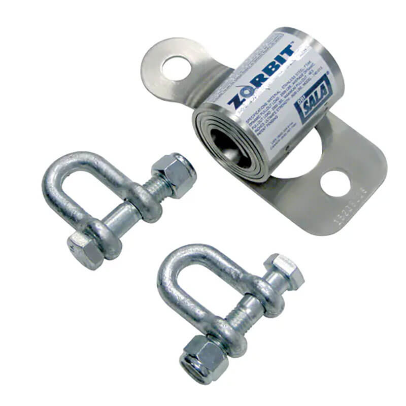 The 3M Fall Protection Zorbit Energy Absorber for Horizontal Lifelines includes a labeled device and two U-shaped shackles with bolts and nuts, all designed for industrial safety and fall protection systems.