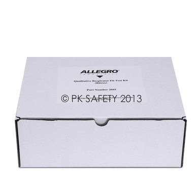 A white box labeled "Allegro Bitrex Respirator Fit Test Kit 2041" by Allegro, designed for N95 fit testing, is closed and set against a white background.
