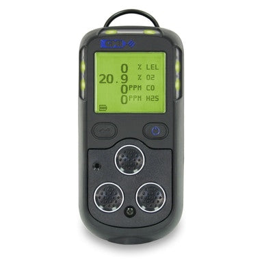 The Teledyne GMI Model PS200 4-gas Detector with an internal pump (64141) comes in black and features a digital screen to display gas measurements, including oxygen (O2) at 20.9%, carbon monoxide (CO) at 0 ppm, and hydrogen sulfide (H2S) at 0 ppm. Designed by Teledyne for confined space applications, it includes three buttons and circular sensors positioned below the screen.