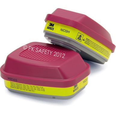 The image shows a pair of 3M 60923 P100 Organic Vapor/Acid Gas Filters with visible safety labels—one lying flat, the other resting against it. Each NIOSH-approved cartridge features a P100 HEPA filter for reliable protection.