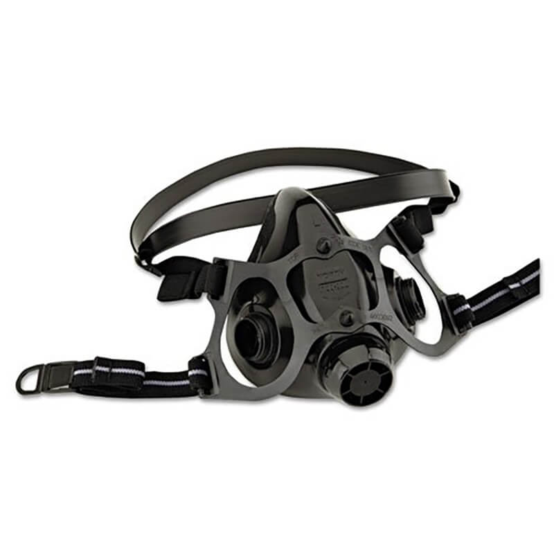 The PIP North 7700 Series Silicone Half Mask by PIP is a black industrial respirator with adjustable straps and dual filter connectors, offering NIOSH-approved protection against airborne particles and contaminants.