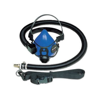 The Allegro Half Mask Constant Flow Airline Respirator 9920 by PK Safety Supply, featuring a blue and black silicone facepiece with an attached hose for continuous airflow, rests on a white surface with the hose coiled neatly. An adjustable head strap and clipped harness are positioned in front of the mask.