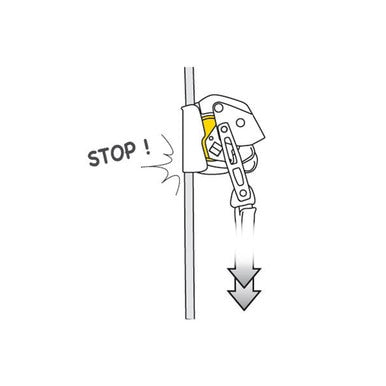 Illustration of the PETZL Petzl ASAP LOCK B071BA00 device attached to a rope, accompanied by the word "STOP!" An arrow pointing downward highlights the force direction, illustrating the engagement of this mobile fall arrester's locking mechanism for superior fall protection.