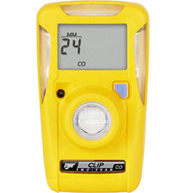 A yellow BW Honeywell BW Clip 2 Year CO Single Gas Detector (BWC2-M50200) displays "24" and "CO," highlighting its function as a dependable carbon monoxide detector. It features an easy attachment clip and a central circular sensor for effective gas detection.
