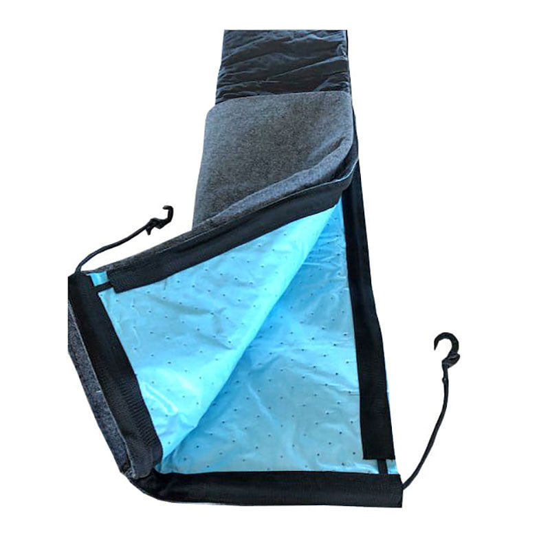 The UltraTech Spill Diaper 0275 from UltraTech International, Inc. is showcased featuring a dark gray exterior and a light blue inner lining with small black dots. Engineered with environmental protection as a priority, the product includes black drawstrings at the edges for enhanced convenience.