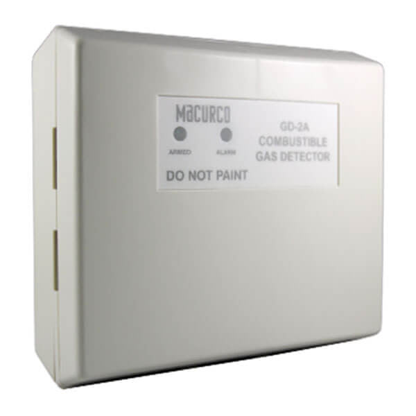 The Macurco Residential Combustible Gas Detector GD-2A, a white rectangular device crucial for heating gas detection, features indicator lights labeled "Armed" and "Alarm," and warns with "DO NOT PAINT" to ensure reliability when used with alarm control panels.