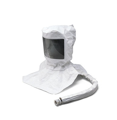 The Allegro 9911-20 Replacement Tyvek Hood Assembly by PK Safety Supply includes a white protective hood with a transparent face shield and an attached flexible hose, specifically designed for respiratory safety. This maintenance-free Tyvek hood provides optimal protection in challenging environments.