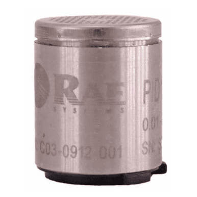 This device, branded by PK Safety Supply and named the RAE Systems 10.6eV PID Replacement Sensor C03-0912-001, is a cylindrical sensor with "RAE Systems" inscribed on its metal exterior. It resembles the PID Replacement Sensor and includes features similar to those of the MultRAE Pro monitor, likely incorporating a 10.6 eV lamp within its compact black base.
