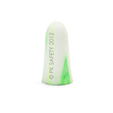 A single Moldex 6604 SparkPlug Foam Earplug, white with light green streaks, stands upright on a white background. "PK SAFETY 2012" is printed vertically for identification. Each box contains 200 pairs by Moldex.