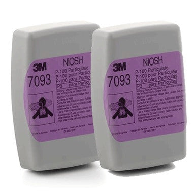 The 3M 7093 P100 Particulate Filter (Pair) features two filters with gray casing and purple labels. These NIOSH-approved filters are engineered for respiratory protection, offering high efficiency against both solid and liquid aerosols, making them a crucial component for respirators.