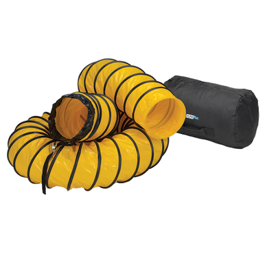 The Euramco ECKO-FLEX 12 in. x 10 m flexible ducting, featuring a yellow design with black rings, is coiled beside its black carrying bag. This ducting is crafted for air ventilation and offers easy transportability, ensuring portable ventilation wherever it’s required.