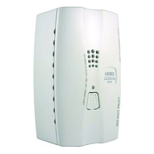 The Macurco Residential Combustible Gas Detector GD-2B by Macurco Gas Detection is a white, wall-mounted device for home safety, featuring ventilation slits, a circular button, and printed text. It also detects methane and propane for added peace of mind.