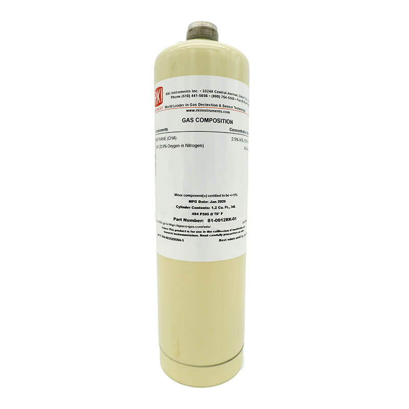 A beige cylindrical RKI Instruments steel cylinder (81-0012RK-01), labeled "CH4 50% LEL in Air 34L," stands upright on a white background, displaying calibration gas and manufacturer details.