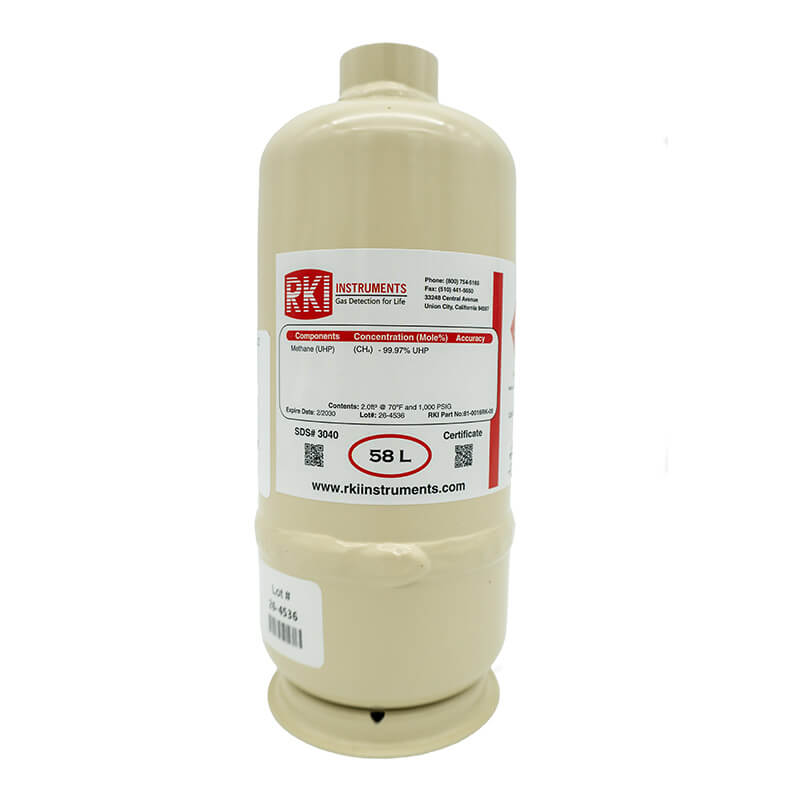 A beige RKI Instruments steel cylinder (81-0016RK-05) with a red and white label shows "CH4 100% vol," specs for calibration gas, and "58L," providing concentration and safety info for methane gas detection equipment.