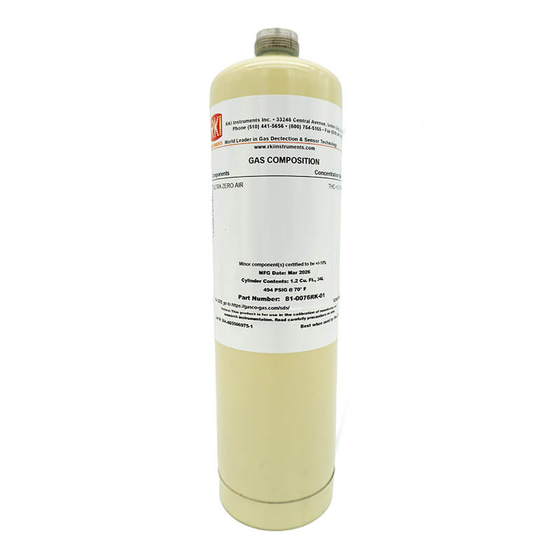 The RKI Instruments Zero Air 34L Steel Cylinder (81-0076RK-01) features a beige steel body and white label, perfect for calibrating gas detectors, shown upright on a white background. Brand: RKI Instruments.
