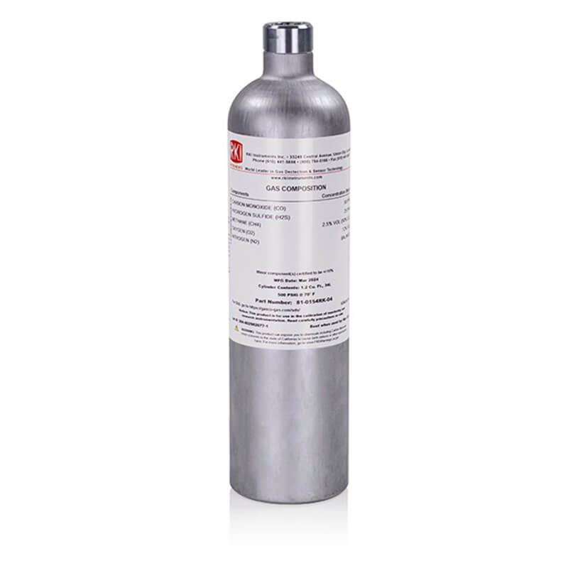 The RKI Calibration 4 Gas Mixture 81-0154RK-04 by RKI Instruments is a silver metal cylinder labeled with contents and safety details, ideal for gas detection or calibration, shown upright on a white background.