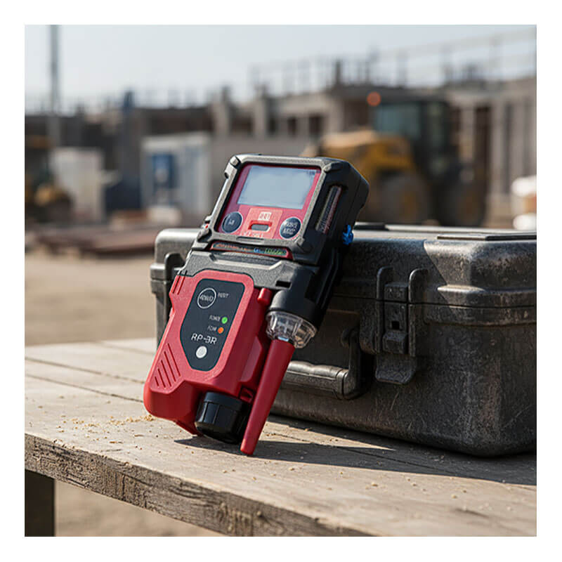 An RKI Instruments RP-3R Sample Drawing Pump for GX-3R rests on a gray hard case outdoors at a construction site, with blurred machinery and buildings visible in the background.