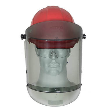 A mannequin head displays the Oberon Deluxe 12 Cal TCG ArcShield with Red Hardcap 21AGR12AF-C500, showcasing full-face protection by Oberon.