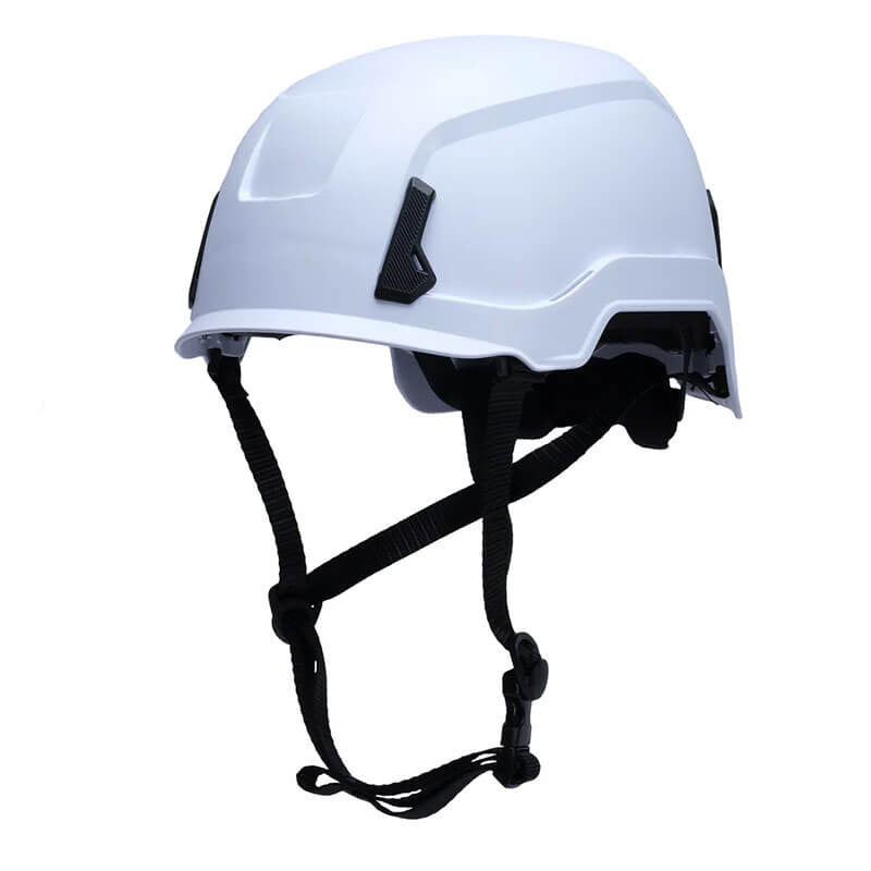 The Pyramex SL T2 Safety Helmet by Pyramex Safety is a white helmet featuring black adjustable chin straps and side ventilation panels. It boasts a lightweight shell tailored for construction or industrial use, offering superior impact absorption and reliable head protection.