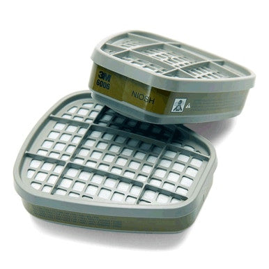 The 3M 6006 Multi-Gas and Organic Vapor Cartridge (Pair) by 3M is NIOSH approved and designed for compatible respirators to effectively filter airborne contaminants. Gray color with a grid pattern on top.