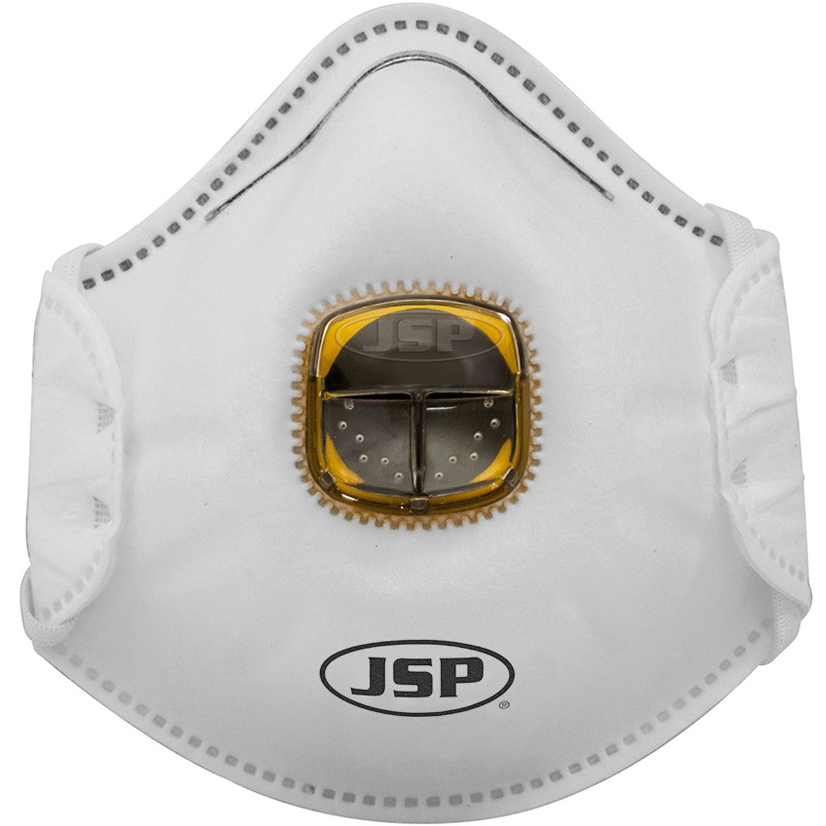 A white contoured disposable respirator mask with a yellow valve in the center, branded "PIP" on the bottom. The PIP JSP N95 Disposable Respirator with Valve 272-RPD725N95 provides a snug fit similar to other N95 masks.