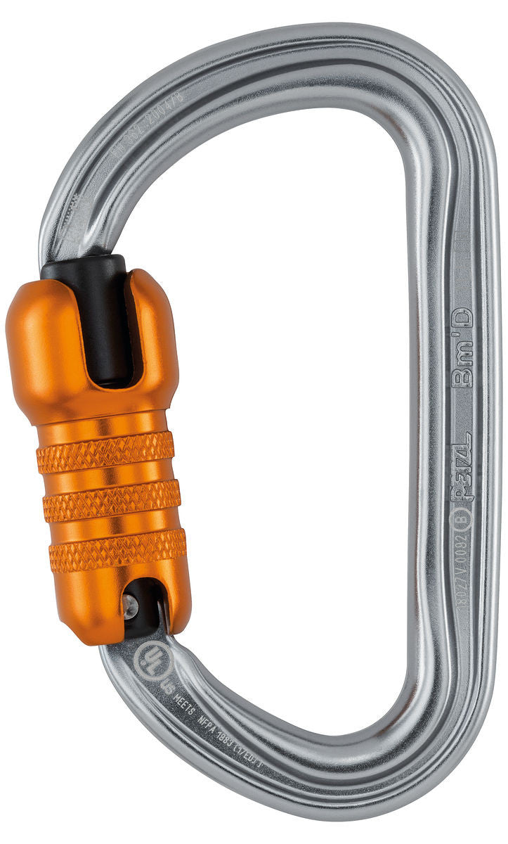 The Petzl Bm'D Lightweight Asymmetrical Carabiner M032AA00 features a silver and orange aluminum design with the TRIACT-LOCK system, ensuring a secure grip. Its metallic finish and sturdy construction are ideal for climbing or securing gear, reflecting the trusted craftsmanship of Petzl against a white background.