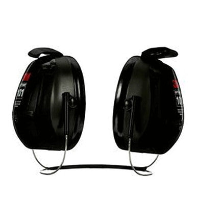 The 3M Peltor Optime 101 Behind-the-Head Earmuffs H7B by 3M are black over-ear earmuffs with a metal band, shown upright on a white background, designed for excellent noise reduction in loud environments.