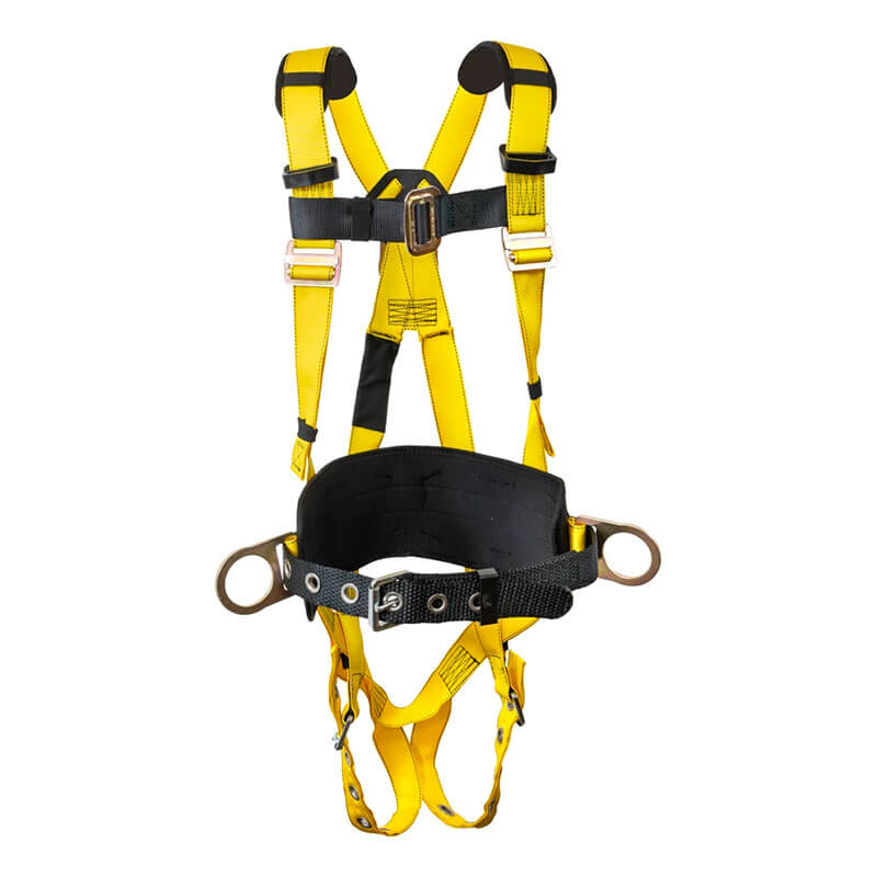 The French Creek Production 800 Series 850AB Harness features hip D-rings, shoulder straps, tongue buckles, and offers reliable fall protection for construction.