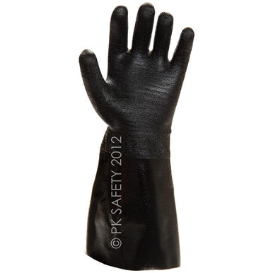 A Showa Best Neo Grab Premium Glove 6797R-10 in black, designed for abrasion and cut resistance, showcases its textured surface and extended cuff for added arm protection while standing upright against a white background. The glove prominently displays the "PK Safety Supply" branding on it.