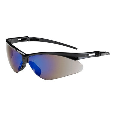 The PIP Anser Glasses exemplify an aerodynamic design with sleek, black sports frames featuring UV protection and reflective blue mirror-coated lenses.