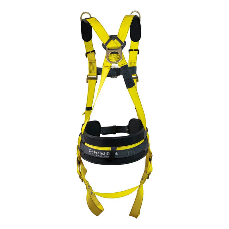 The French Creek Production 800 Series Harness w/Hip & Shoulder Rings 853BD is a yellow full body harness with black padding and adjustable straps, designed for fall protection. It features metal rings and "French Creek FALL SAFE" label.