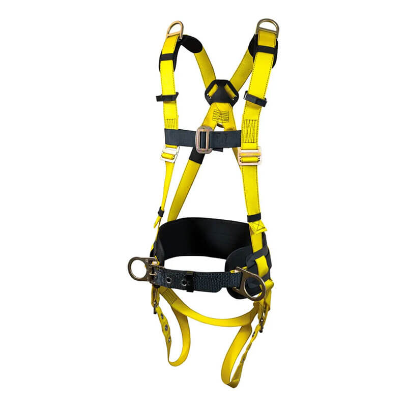 The French Creek Production 800 Series Harness w/Hip & Shoulder Rings 853BD features black padding, multiple adjustable straps, and metal rings and buckles for top fall protection during work at height.