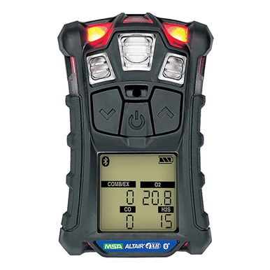 The MSA Safety ALTAIR 4XR Multigas Detector 10178557 shows O2, CO, and H2S readings on its display and features red indicator lights at the top.
