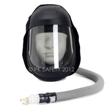 The Allegro Economy Supplied Air Face Shield with Low Pressure Adapter is a black and transparent respirator mask featuring an attached flexible gray hose, specifically engineered for safety and protection. This NIOSH-approved option includes a face shield, making it an ideal choice from PK Safety Supply. The image of the product is set against a plain background with © PK SAFETY 2012 printed on it.