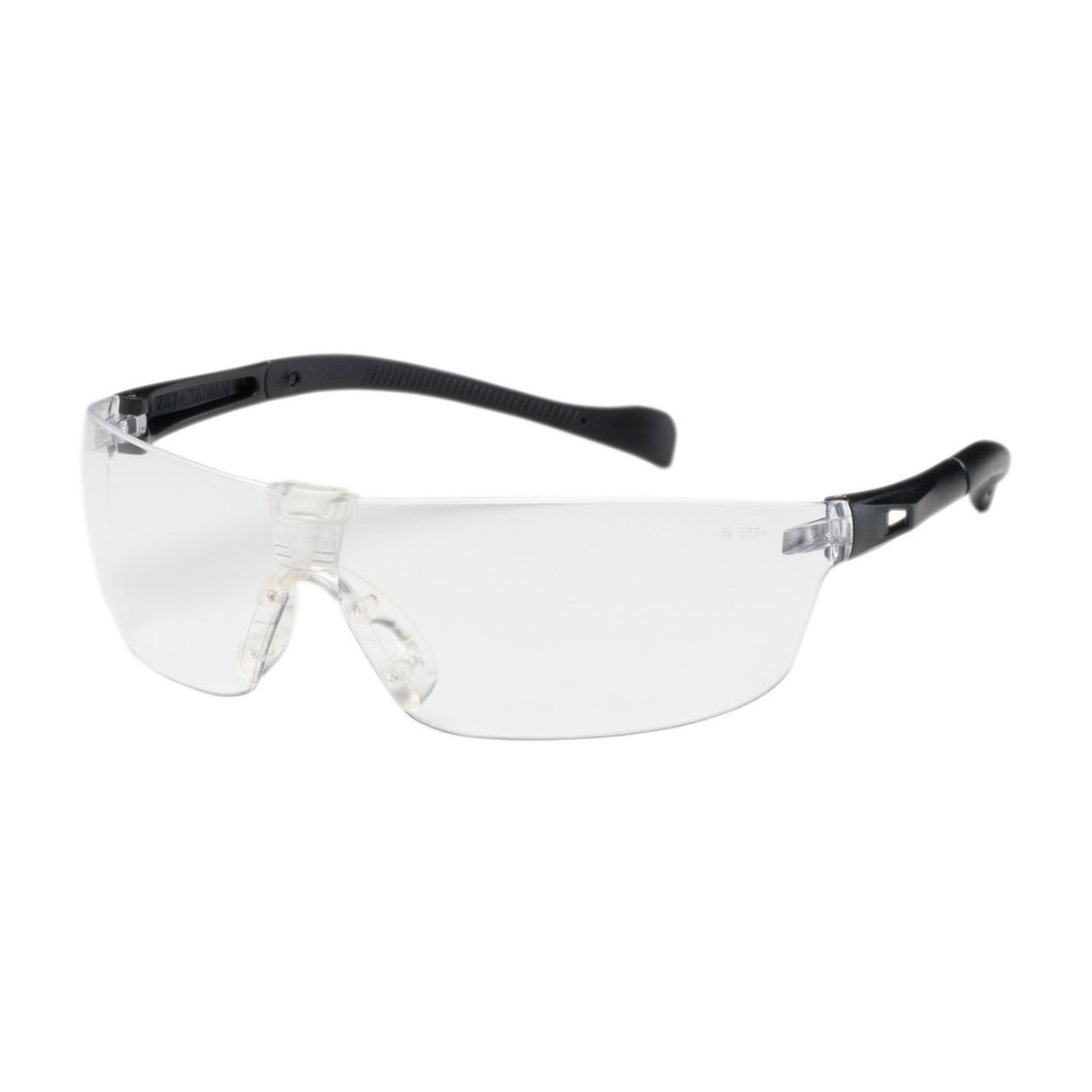PIP Monteray II Rimless Anti-Fog Safety Glasses 250-MT-10071 feature transparent, single-piece lenses with an anti-fog coating and black, curved temple arms in a lightweight design. Sold by PIP in boxes of 12. Shown on a white background.