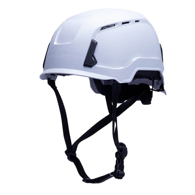 Introducing the Pyramex SL T2 Safety Helmet by Pyramex Safety, a sleek, white helmet with a vented design. It features adjustable black straps and ventilation slots that enhance impact absorption, making it perfect for construction or outdoor activities while ensuring safety and comfort.