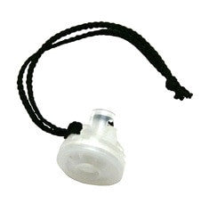 A white plastic whistle with a round body and small mouthpiece, featuring a braided black lanyard for easy neck wear, mirrors the compact design of the BW Honeywell M5-AF-K2 auxiliary filter.