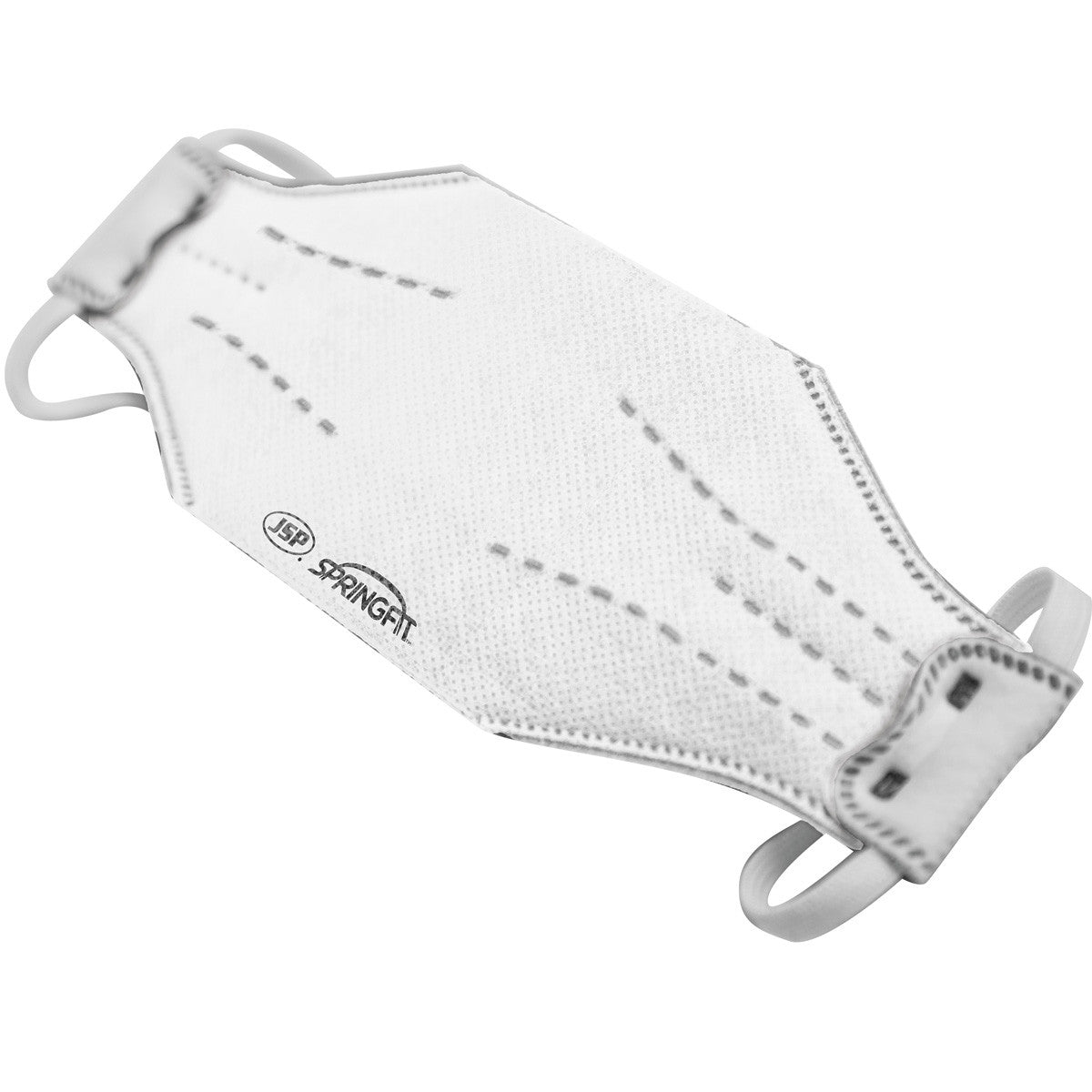 The PIP Springfit N95 Flat Fold Disposable Respirator 272-RPD421N95, available in a box of 10, is designed with a stylish dotted pattern and adjustable straps for a secure fit. This white disposable respirator seamlessly combines protection and style.
